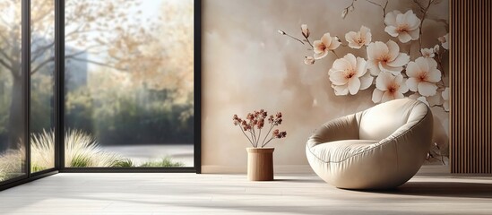 Modern living room with floral wallpaper, cozy chair, and natural light illuminating the serene space