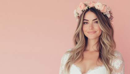 Naklejka premium Brightly lit venue showcases a woman with long hair adorned in a flower crown, smiling softly while wearing a delicate outfit