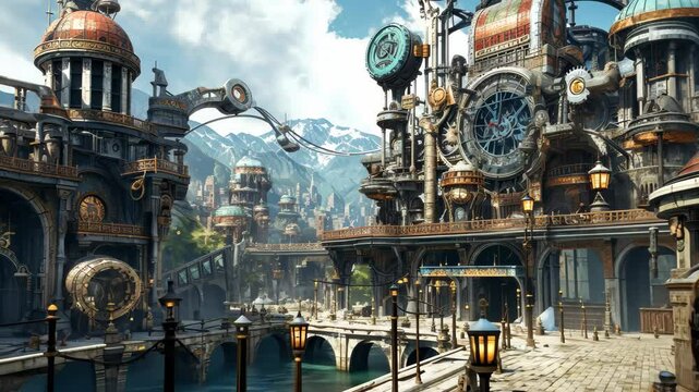Explore a vibrant steampunk city with intricate machinery and airships hovering above, showcasing retro-futuristic architecture under a bright blue sky