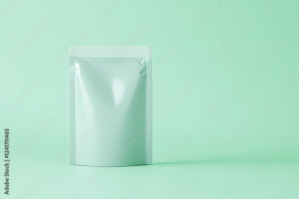 Poster stand-up pouch mockup with glossy finish on soft green solid background positioned upright with gene