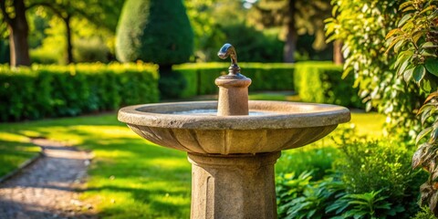 Drinking fountain with curved stone pedestal and rounded basin in a garden setting, garden feature, rounded basin, botanical garden