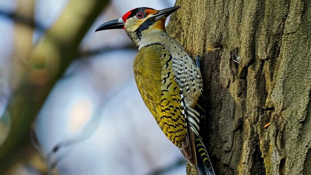 Male green woodpecker Picus erythrorhynchus perc pecks at a tree trunk in a serene forest during the early morning light, showcasing its vibrant plumage and distinctive red crown