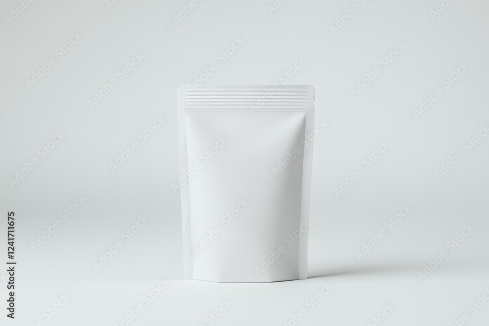 Aufkleber stylish design of stand-up pouch in matte white placed upright on flat white background with soft li