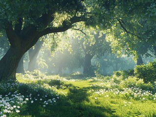 Sunlit forest path, lush greenery, wildflowers, peaceful nature scene.