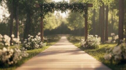 Wooden archway, floral decor, forest path, wedding ceremony, nature backdrop