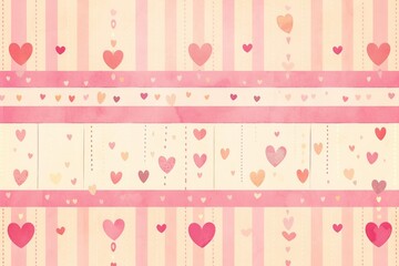  Seamless pattern with pastel pink and yellow stripes, adorned with delicate hearts along the borders