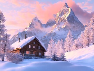 Fototapeta premium Secluded snowy cabin nestled in majestic winter mountains at sunrise.