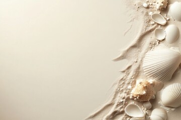 A serene collection of seashells on soft, warm sand evokes memories of joyful summer vacations by the ocean, symbolizing the bliss of peaceful beach adventures and delightful coastal moments