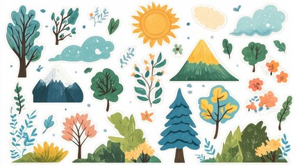 Colorful collection of nature themed stickers featuring mountains, trees, flowers, and sun illustrations for creative projects. Generative AI