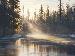 Fototapeta premium Serene winter sunrise over a frozen river, sunbeams illuminating snow-covered pines.