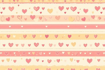  Seamless pattern with pastel pink and yellow stripes, adorned with delicate hearts along the borders