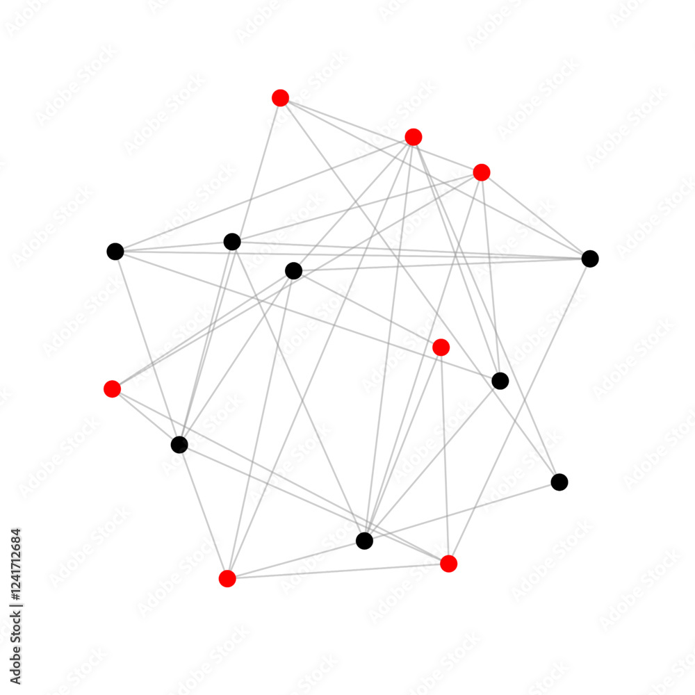 Aufkleber Red and black nodes connected by lines in simple isolated abstract pattern. Network visualization showing interconnected data points. Complexity through simplicity.
