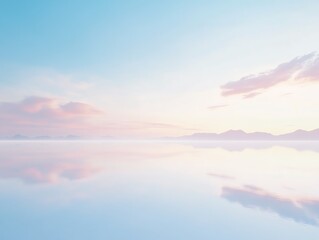 Fototapeta premium Photo realistic vast salt flats of the Uyuni Desert in Bolivia, the flat white landscape reflecting the soft pink and blue tones of sunset, creating a surreal mirrored effect