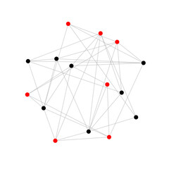 Red and black nodes connected by lines in simple isolated abstract pattern. Network visualization showing interconnected data points. Complexity through simplicity.
