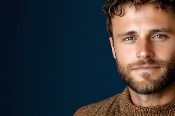 Obraz premium Confident young Caucasian man with beard and brown sweater smiling against dark blue background, professional headshot portrait showing genuine warmth and approachability.