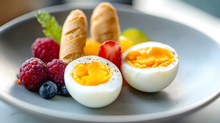Soft boiled eggs with soldiers, served with a side of mixed fruit.