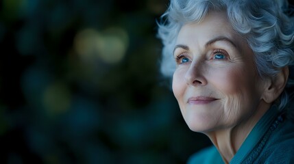 Elegant senior woman with silver hair and gentle smile gazing upward against dark background, expressing wisdom, hope and contentment in atmospheric lighting.