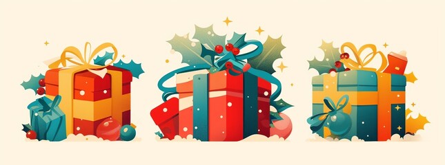 A set of three gift boxes with varying designs and colors