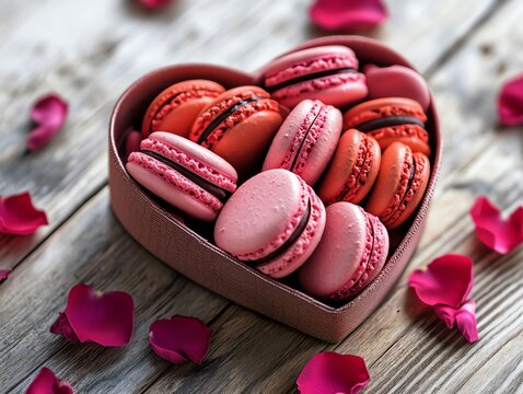 Delicious pink and red macarons in a heart-shaped box, surrounded by rose petals. Perfect for Valentine's Day.
