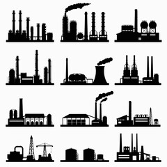 Obraz premium Factory, power plant industrial icons. Factory, power plant, oil refinery and oil processing plant industrial icon. Transparent PNG version.
