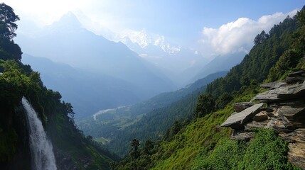 Majestic Himalayan Waterfall and Mountain Vista