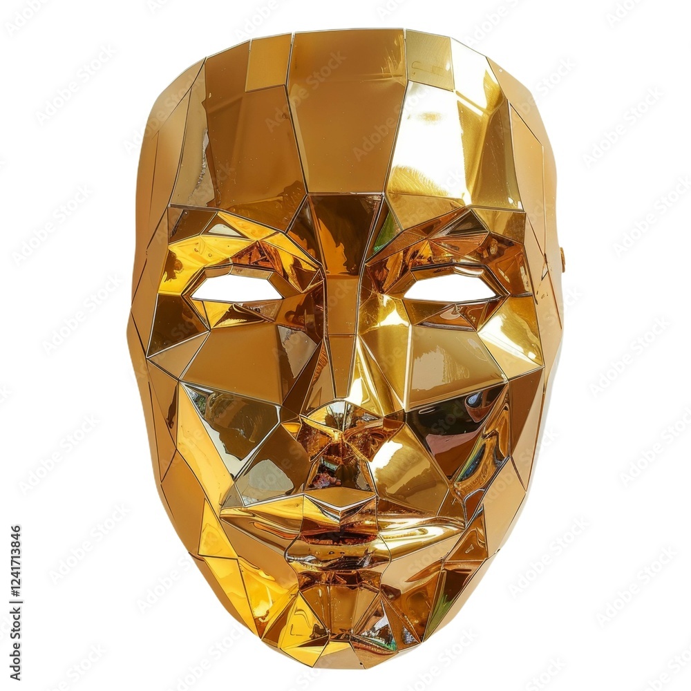 Poster geometric gold mask reflecting light with faceted surface design and sharp angular features