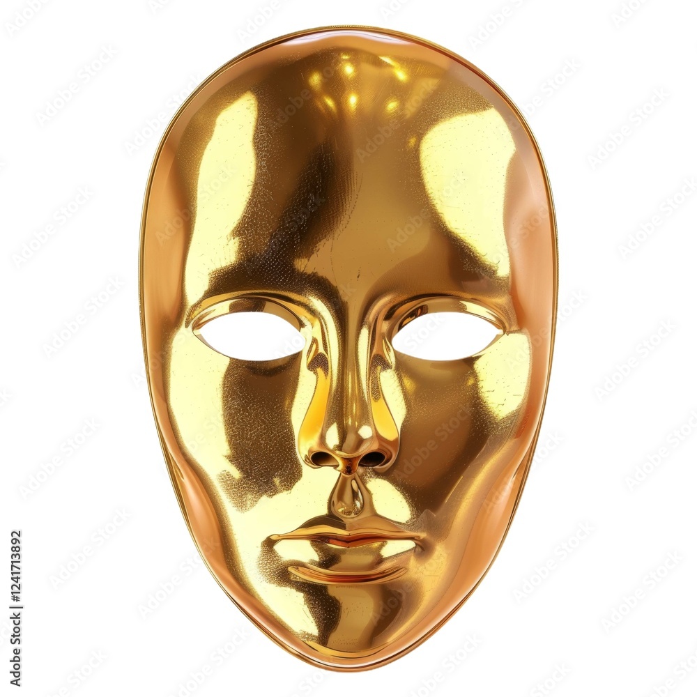 Poster gleaming gold mask with smooth surface and expressionless eye openings for theatrical use