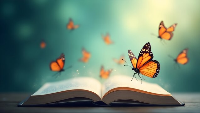 stock photo Strong, hard light casts harsh shadows on an open book with fluttering pages and orange and black butterflies. 