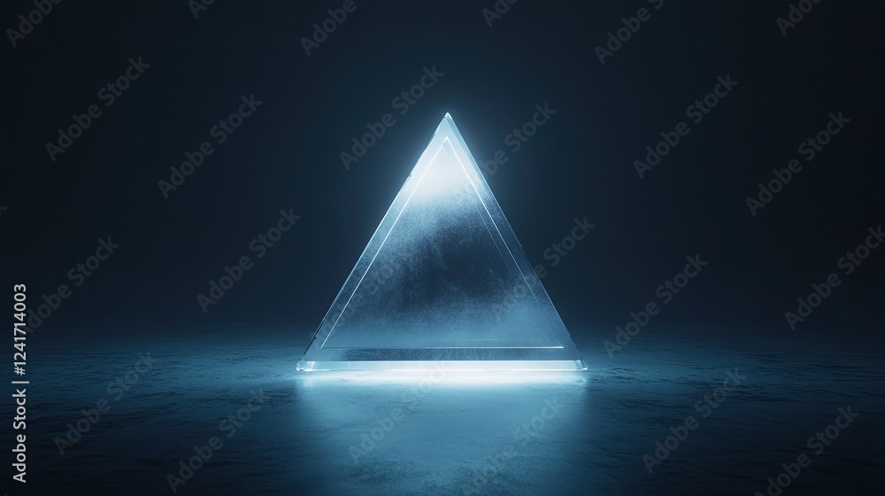 Poster surreal depiction of floating triangular prisms illuminated by glowing ambient light against dark ba