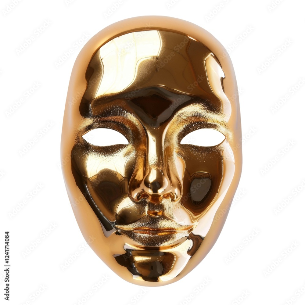 Poster shiny golden mask with smooth surface and eye openings for wearing or displaying