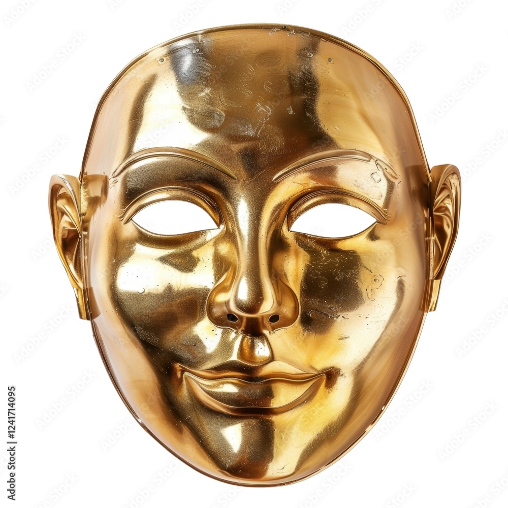 Poster shiny golden mask with reflective surface showing simple facial features and smooth texture