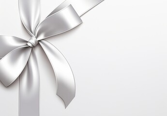 Naklejka premium Silver ribbon and bow on the left side of an empty white gift card
