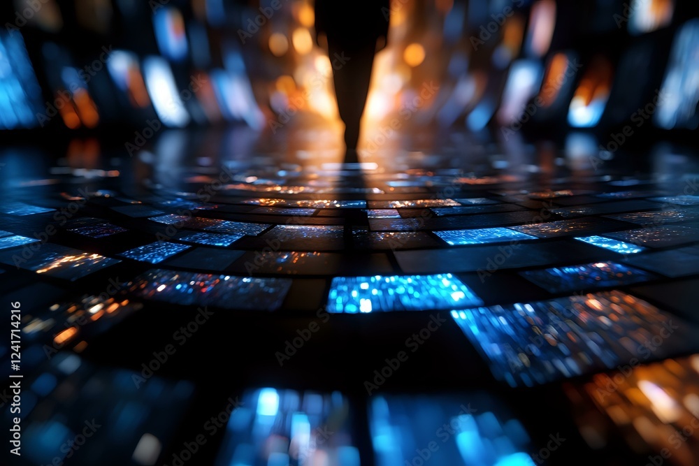 Poster abstract technology background with glowing blue and orange light effects on dark surface, digital g