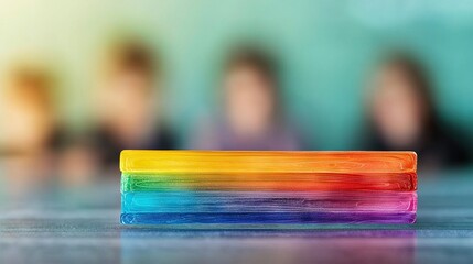   Rainbow-hued wooden plank resting atop table, beside fuzzy gathering of individuals