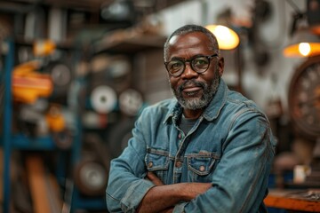 Fototapeta premium Smiling man in denim jacket and glasses standing in workshop with clock