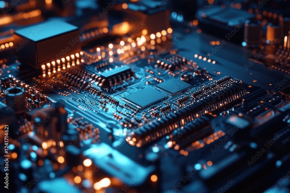 Poster a detailed view of a computer motherboard components and circuitry, suitable for tech-related contex