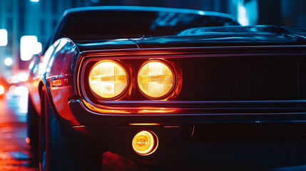 Modern car front illuminated at night with glowing headlights and sleek design in an urban setting. Generative AI