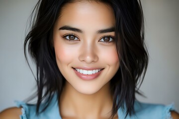 Fototapeta premium Young Asian woman with bright genuine smile and natural makeup wearing casual blue top against light background, closeup portrait with soft lighting.