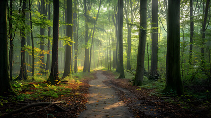 Obraz premium Serene Forest with Morning Sunlight: A Peaceful Haven for Mindfulness and Relaxation