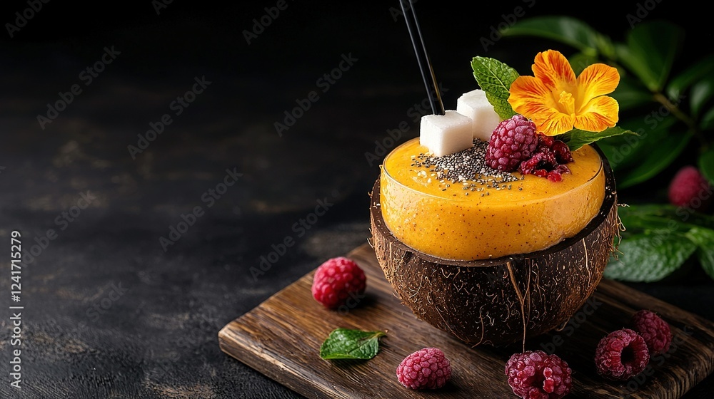 Poster a close-up of a dessert on a cutting board with a flower on top of it is a visually appealing image 
