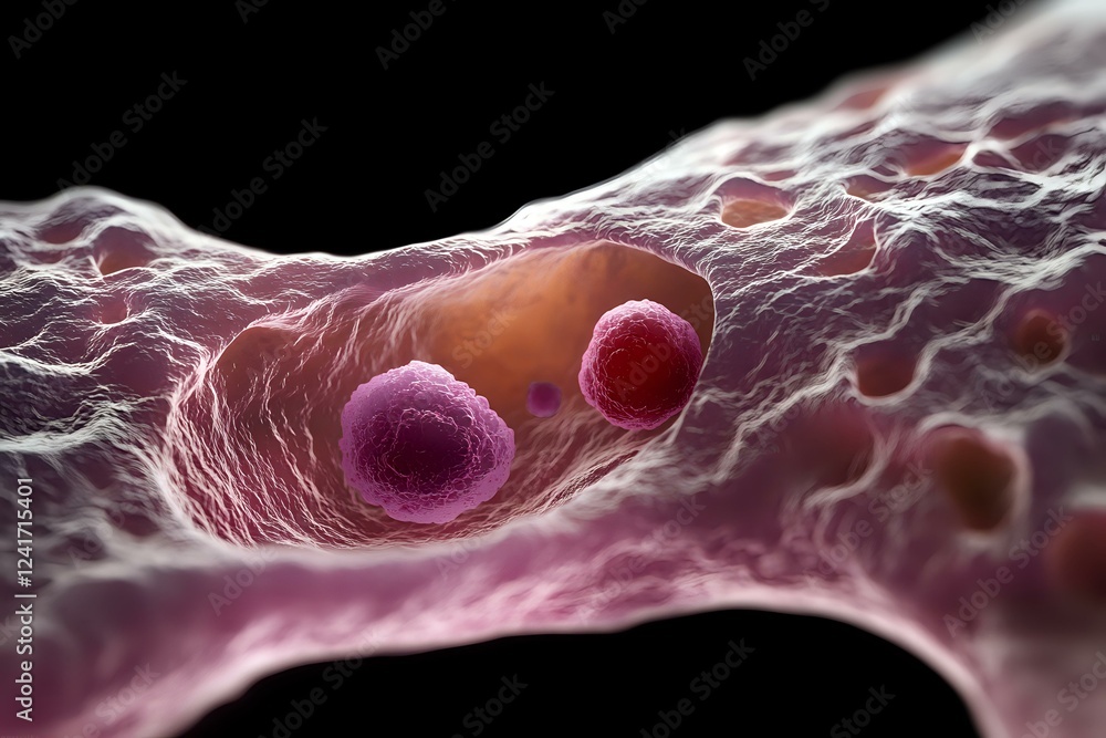 Poster microscopic view of blood cells flowing through vessel with detailed cellular structure and fibrous 