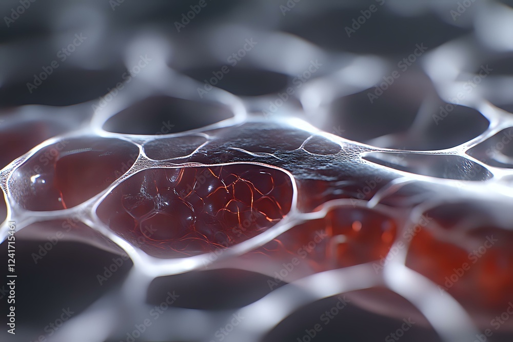 Poster microscopic view of organic cell structure with red glowing nucleus and white membrane network creat