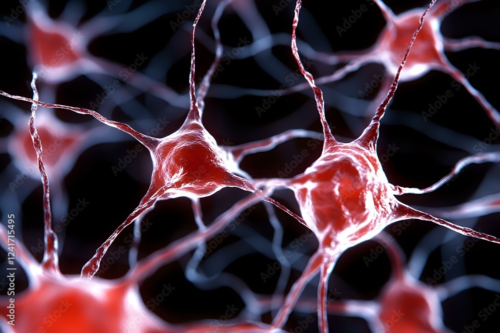 Aufkleber microscopic view of neural network connections showing red-colored neurons with dendrites and axons 