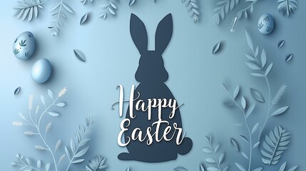 Happy Easter greeting card with a silhouette of a rabbit surrounded by pastel blue paper leaves and eggs