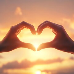 Fototapeta premium Silhouette of hands forming a heart shape against a vibrant sunset.