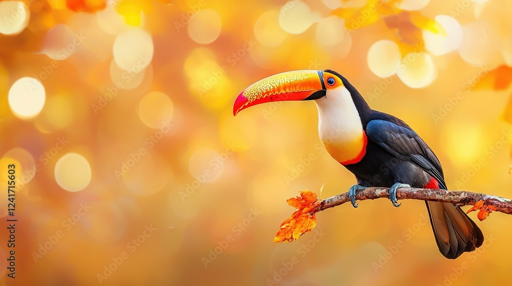 Poster a toucan perched on a leafy branch against a hazy backdrop of foliage and branches