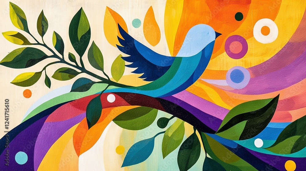 Poster a vibrant depiction of a bird perched on a tree branch with lively circle patterns and rustling foli