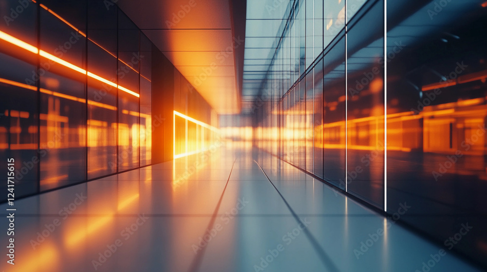 Poster vibrant corridor illuminated by orange light in a modern digital design environment showcasing sleek