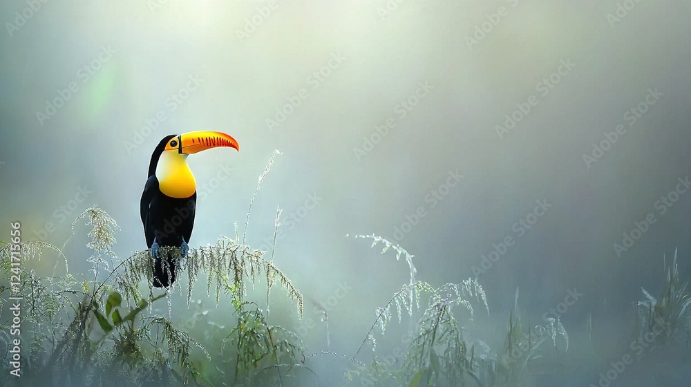 Poster a toucan perched on a high tree branch amidst a hazy field of lush grass