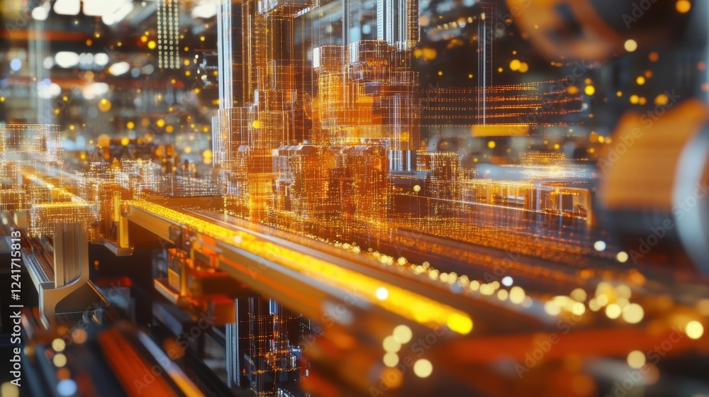 Aufkleber automated assembly line manufacturing process creating a glowing digital city with intricate details